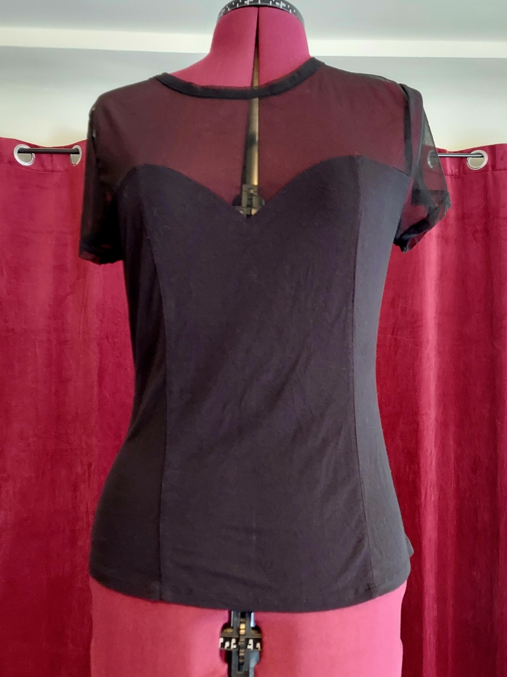Bar III Black Sheer-Panel Sweetheart Top - Size M